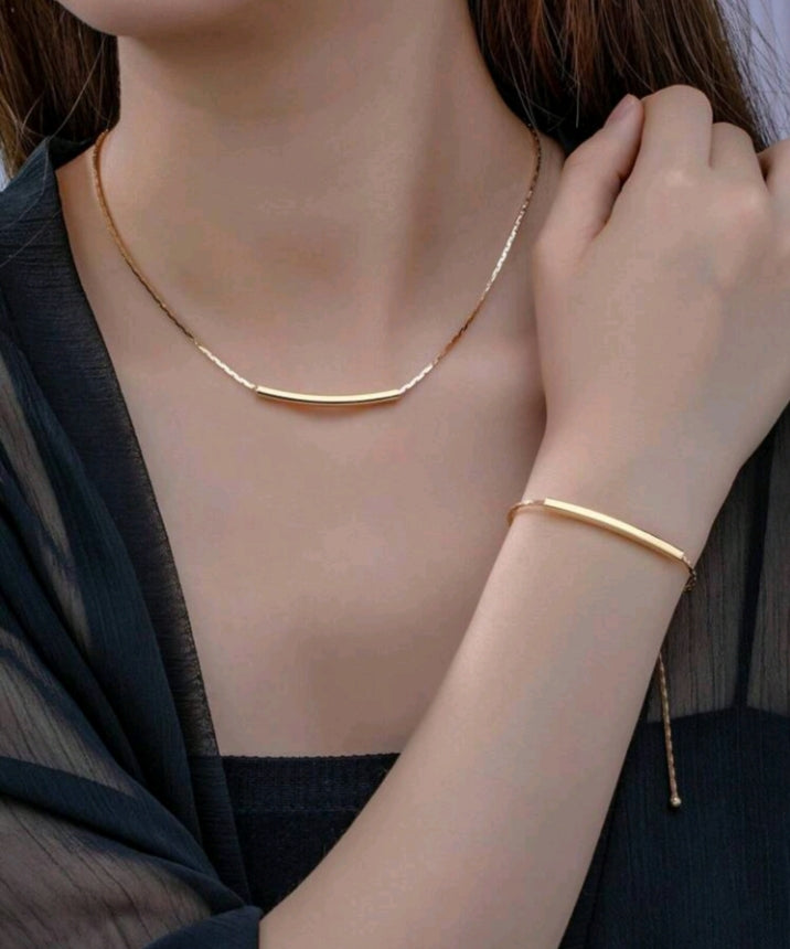 Minimalist gold bar necklace and bracelet set