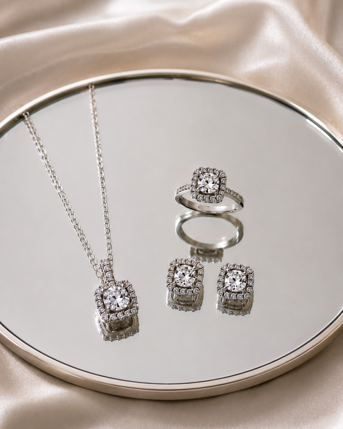 A jewelry set featuring a silver-toned necklace, ring, and matching earrings with square-cut clear stones in halo settings, displayed on a round mirror over champagne satin fabric.