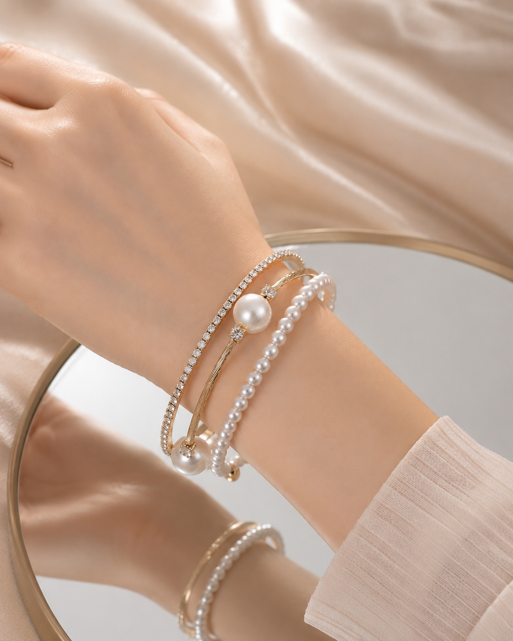 A close-up of a person's wrist wearing multiple delicate bracelets, including pearl strands, a gold bangle with clear stones, and a white pearl accent, against a soft beige satin background with a mirror reflection.