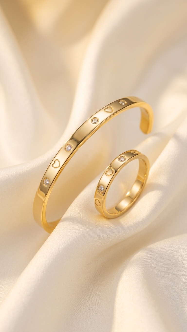 A gold-toned bangle bracelet and matching ring, both decorated with small heart-shaped engravings and clear stones, displayed on draped cream satin fabric.